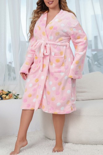 Pink Living Print Frenulum V Neck Plus Size Loungewear