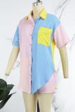 Blue Casual Patchwork Contrast Shirt Collar Short Sleeve Two Pieces