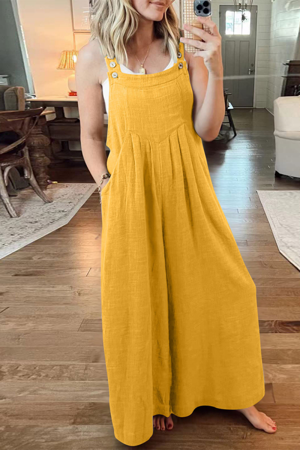 Yellow Casual Street Solid Pocket Square Collar Loose Jumpsuits