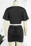 Black Casual Solid Fold O Neck Short Sleeve Two Pieces