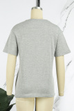 Grey Casual Basis Print Patchwork Letter O Neck T-Shirts