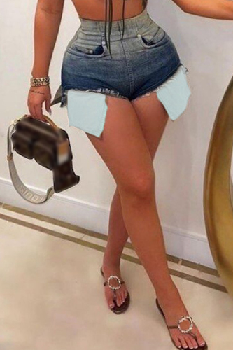 Sky Blue Casual Gradual Change Print Patchwork High Waist Skinny Denim Shorts