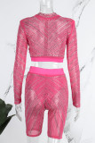 Pink Elegant Solid Mesh Hot Drill Half A Turtleneck Long Sleeve Two Pieces