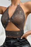 Black Sexy Patchwork Hollowed Out See-through Chains Backless Rhinestone Halter Tops