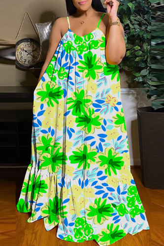 Green Sexy Casual Print Backless Spaghetti Strap Long Dress Dresses
