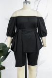 Rose Red Plus Size Casual Simplicity Solid With Belt Solid Color Off the Shoulder Plus Size Two Pieces