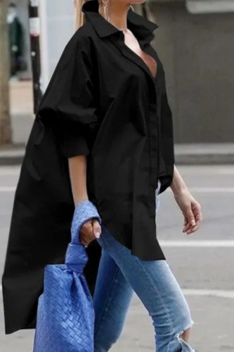 Black Casual Solid Patchwork Shirt Collar Tops