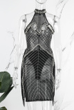 White Sexy Patchwork Hot Drilling Tassel Hollowed Out See-through Mandarin Collar Sleeveless Dress Dresses
