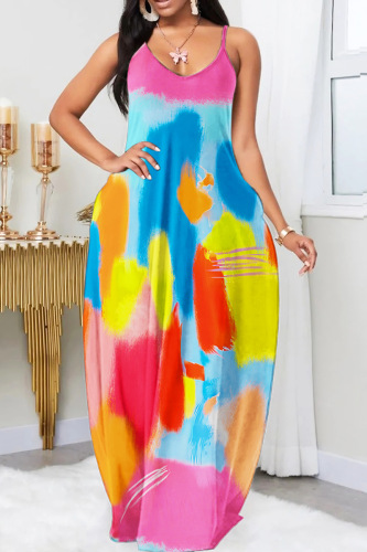 Multicolor Sexy Casual Print Backless Spaghetti Strap Long Dress Dresses