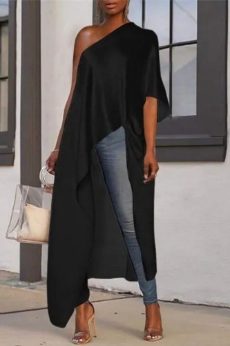 Black Casual Solid Asymmetrical Oblique Collar Tops