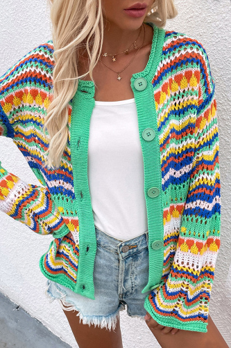 Green Casual Striped Patchwork Cardigan Outerwear