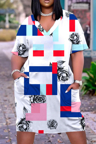 White Casual Print Patchwork V Neck Short Sleeve Dress
