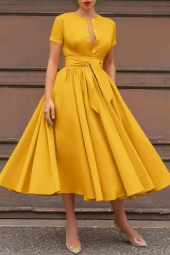 Yellow Casual Solid Patchwork With Belt Shirt Collar Short Sleeve Dress