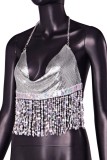 Silver Sexy Patchwork Tassel Chains Backless Halter Tops