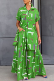 Green Elegant Print Patchwork Buttons Turndown Collar Short Sleeve Two Pieces