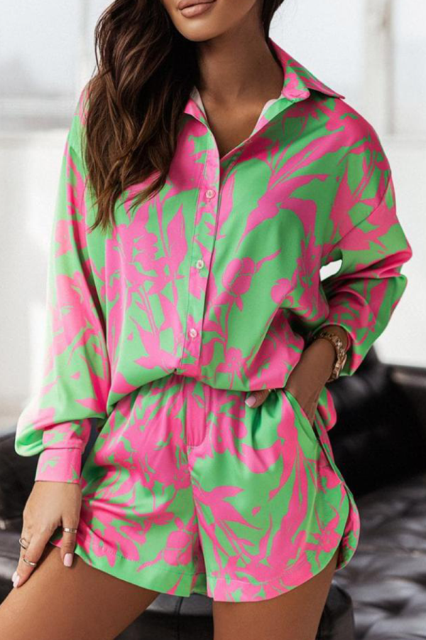 Green Yellow Casual Print Patchwork Turndown Collar Long Sleeve Two Pieces