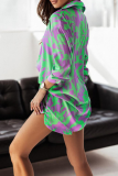 Green Yellow Casual Print Patchwork Turndown Collar Long Sleeve Two Pieces