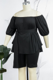 Rose Red Plus Size Casual Simplicity Solid With Belt Solid Color Off the Shoulder Plus Size Two Pieces