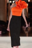 Orange Sexy Formal Patchwork Contrast Oblique Collar Evening Dress