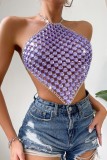 Purple Sexy Patchwork Hollowed Out Chains Backless Halter Tops
