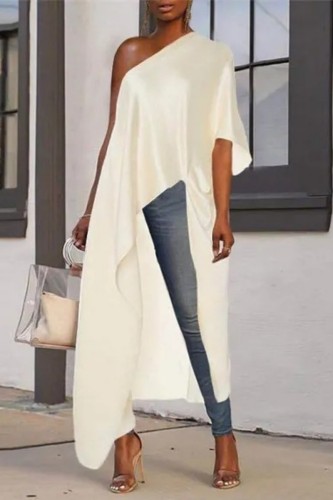 Apricot Casual Solid Asymmetrical Oblique Collar Tops