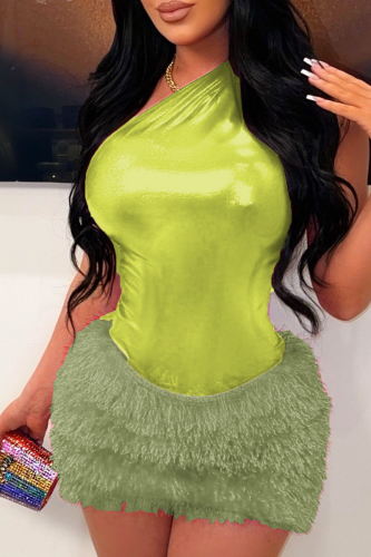 Light Green Sexy Solid Patchwork Oblique Collar Sleeveless Two Pieces