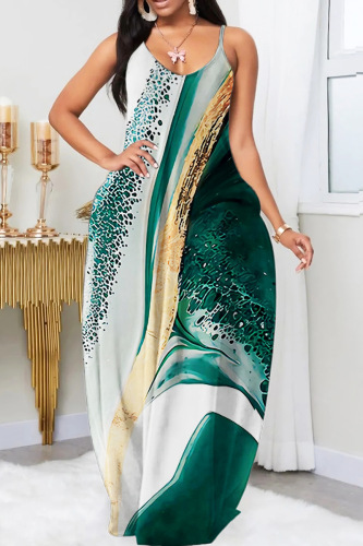 Dark Green Sexy Casual Print Backless Spaghetti Strap Long Dress Dresses