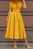 Yellow Casual Solid Patchwork With Belt Shirt Collar Short Sleeve Dress