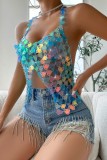 Blue Sexy Patchwork Chains Backless Halter Low Waist Tops