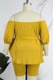 Rose Red Plus Size Casual Simplicity Solid With Belt Solid Color Off the Shoulder Plus Size Two Pieces