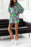 Green Purple Casual Print Patchwork Turndown Collar Long Sleeve Two Pieces