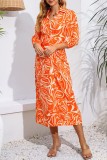 Orange Casual Print Frenulum Slit Turndown Collar Long Sleeve Dresses