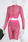 Pink Elegant Solid Mesh Hot Drill Half A Turtleneck Long Sleeve Two Pieces