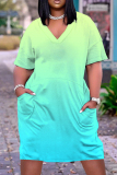 Green Casual Print Patchwork V Neck Short Sleeve Dress