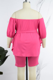Rose Red Plus Size Casual Simplicity Solid With Belt Solid Color Off the Shoulder Plus Size Two Pieces