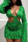Grass Green Sexy Casual Solid Hollowed Out V Neck Long Sleeve Dresses (Without Belt)
