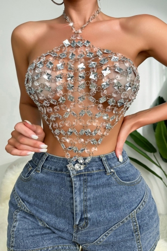 White Sexy Patchwork Hollowed Out Chains Backless Halter Tops