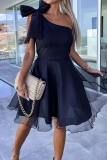 Black Elegant Solid Mesh Oblique Collar A Line Dresses