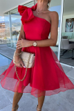 Red Elegant Solid Mesh Oblique Collar A Line Dresses