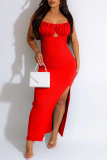 Rose Red Sexy Solid Backless Slit Spaghetti Strap Long Dress Dresses