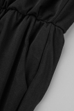 Black Sweet Elegant Solid Flounce Oblique Collar Regular Jumpsuits