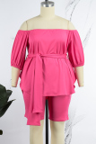Rose Red Plus Size Casual Simplicity Solid With Belt Solid Color Off the Shoulder Plus Size Two Pieces