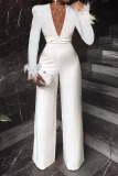 White Fashion Casual Solid Patchwork V Neck Jumpsuits
