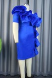 Blue Sexy Party Formal Solid Patchwork Backless Oblique Collar Wrapped Skirt Dresses