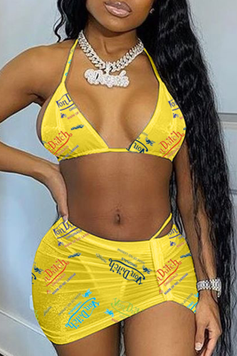 Yellow Sexy Letter Patchwork Fold Strap Design 3 Piece Sets