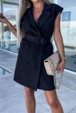 Black Work Elegant Solid Buttons Turn-back Collar Sleeveless Dress Dresses