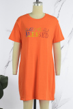 Orange Casual Letter Print Basic O Neck Short Sleeve Dress