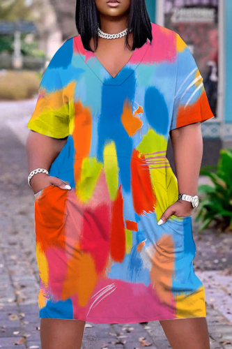 Multicolor Casual Print Patchwork V Neck Short Sleeve Dress