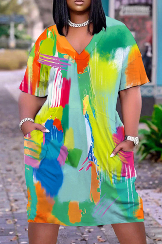 Green Casual Print Patchwork V Neck Short Sleeve Dress