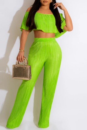 Fluorescent Green Casual Solid Patchwork Off the Shoulder Short Sleeve Two Pieces